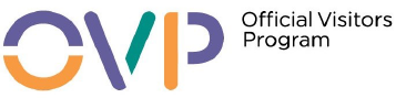 Official Visitors Program logo - OVP written in orange, purple and green stencil text